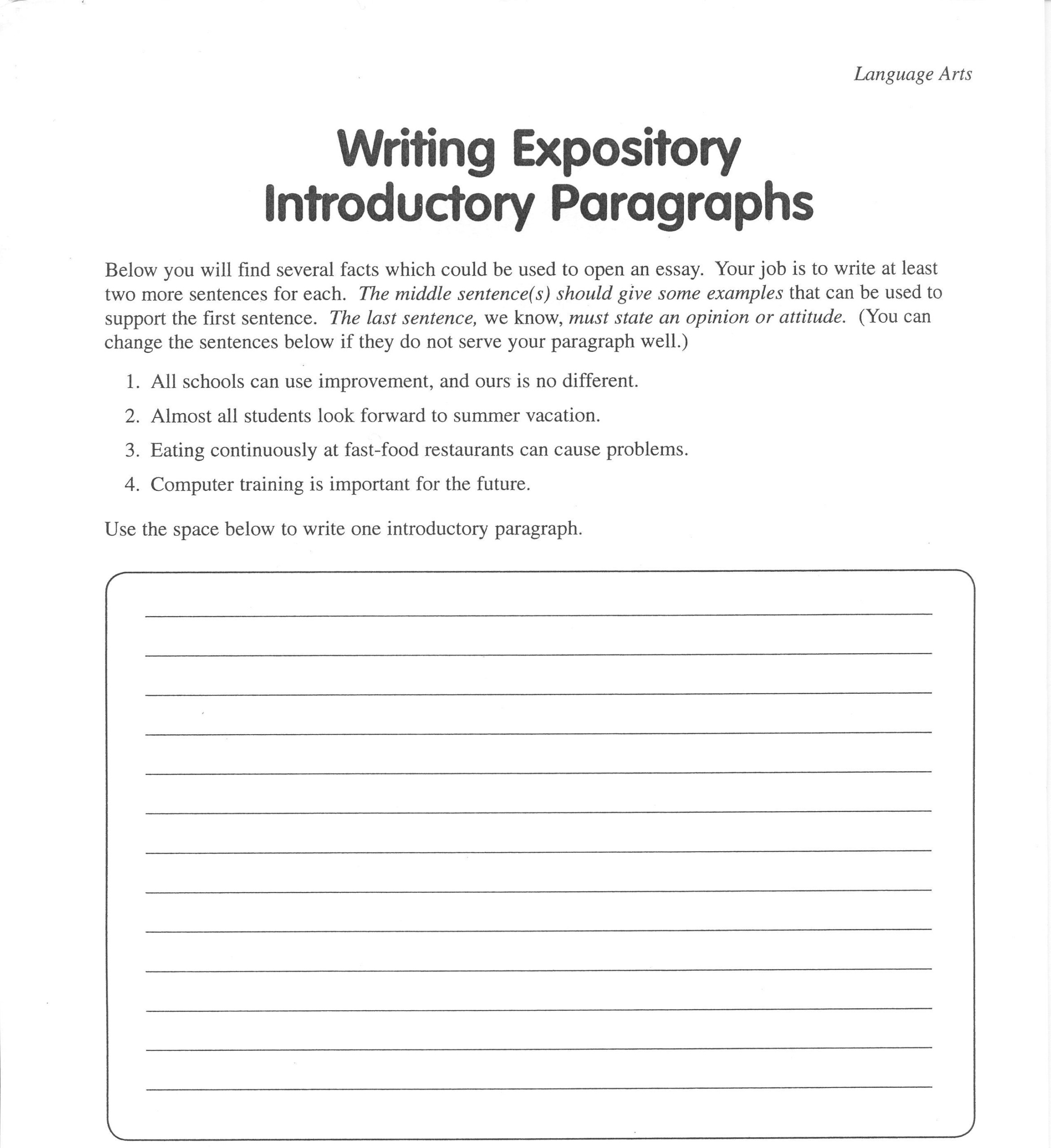 Writing An Introductory Paragraph Worksheet Writing Worksheets Free 