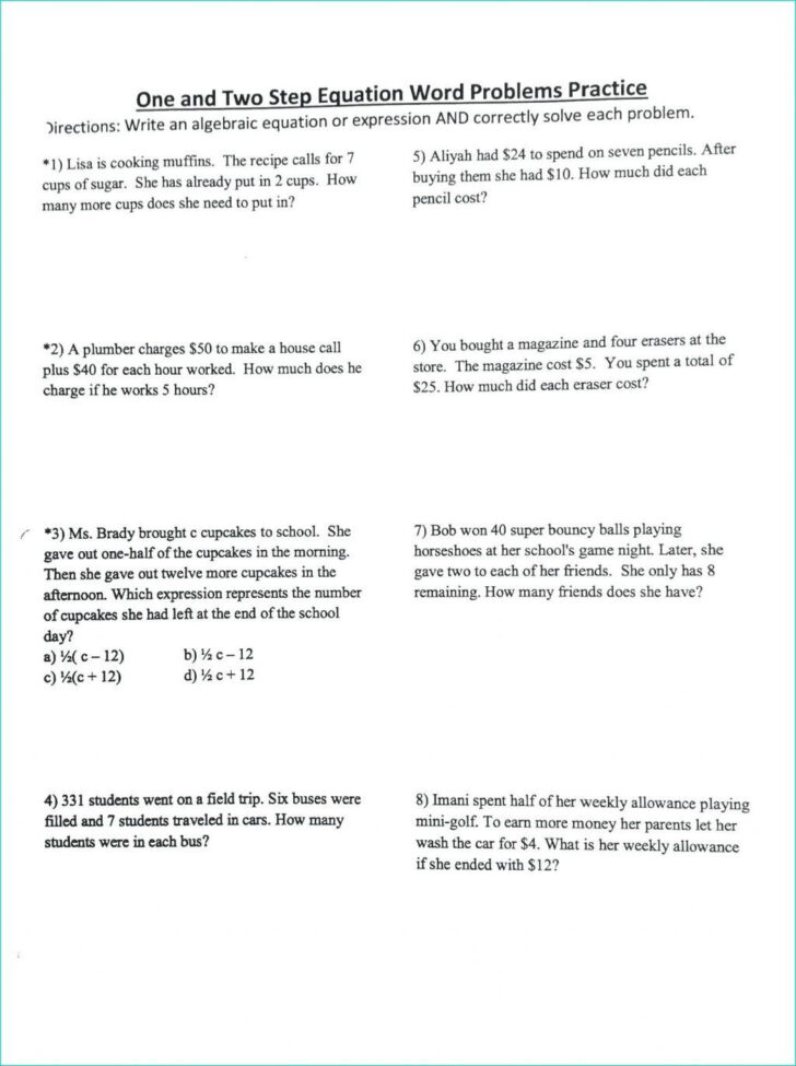 Writing Two-Step Equations From Word Problems Worksheet