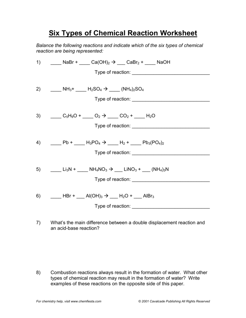 30 Types Of Chemical Reactions Worksheet Answers Notutahituq 