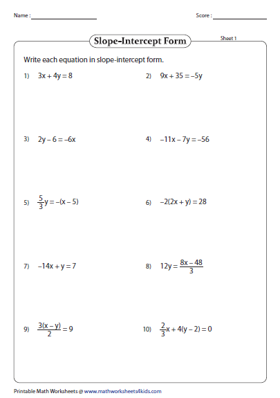 Writing Equations In Slope-Intercept Form Worksheet Answers