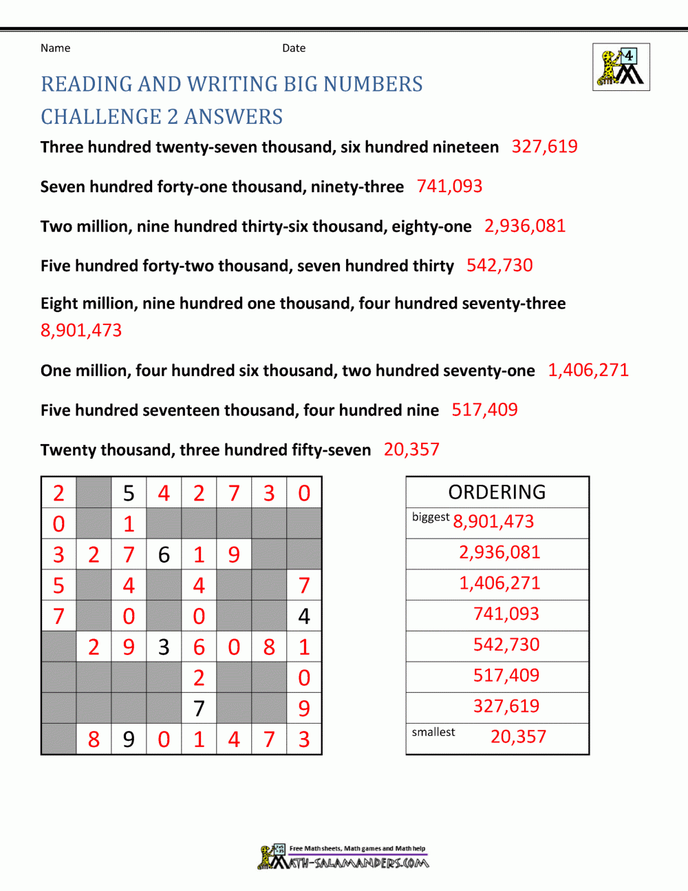 4th Grade Math Worksheets Reading Writing And Rounding BIG Numbers