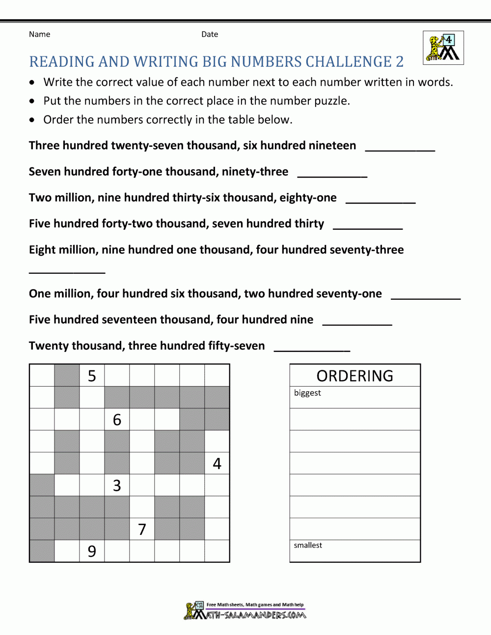 4th Grade Math Worksheets Reading Writing And Rounding BIG Numbers