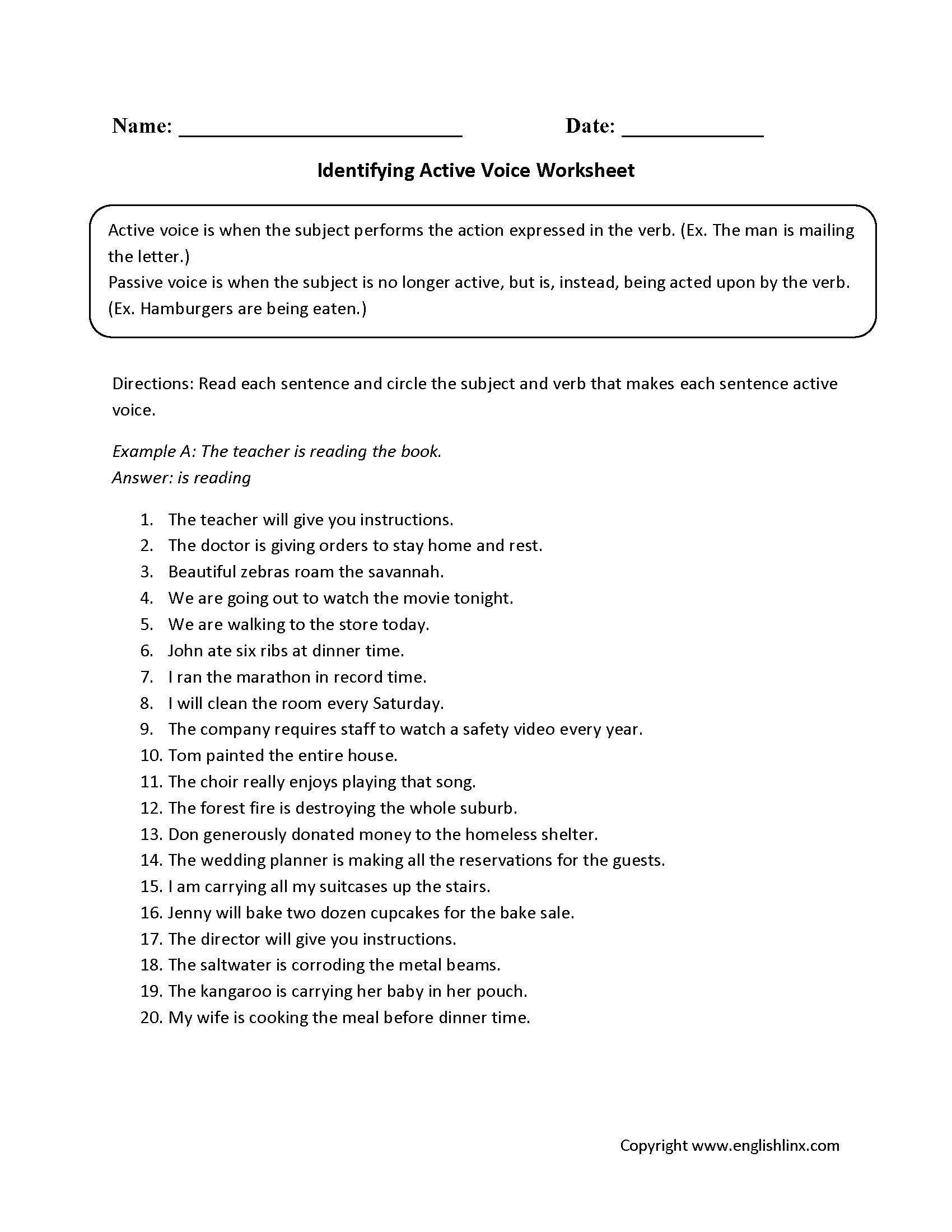 Active And Passive Voice Worksheets Identifying Active Voice Worksheets