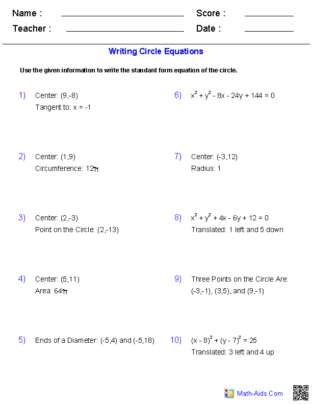 Writing Equations Of Circles Worksheet