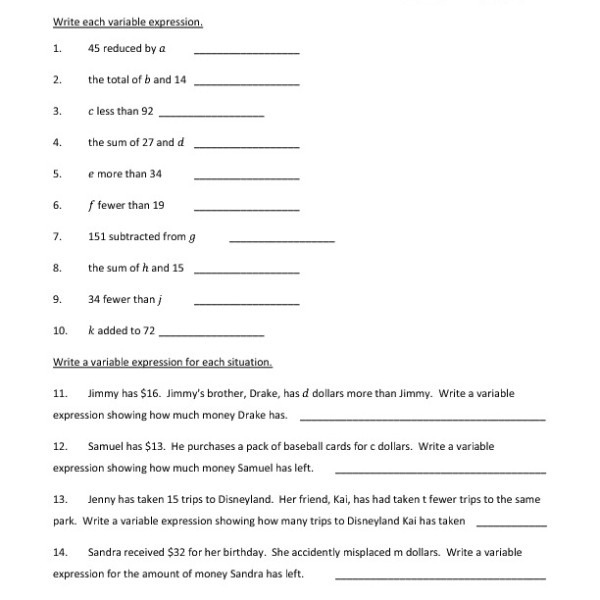 Algebraic Expressions Worksheets 5th Grade