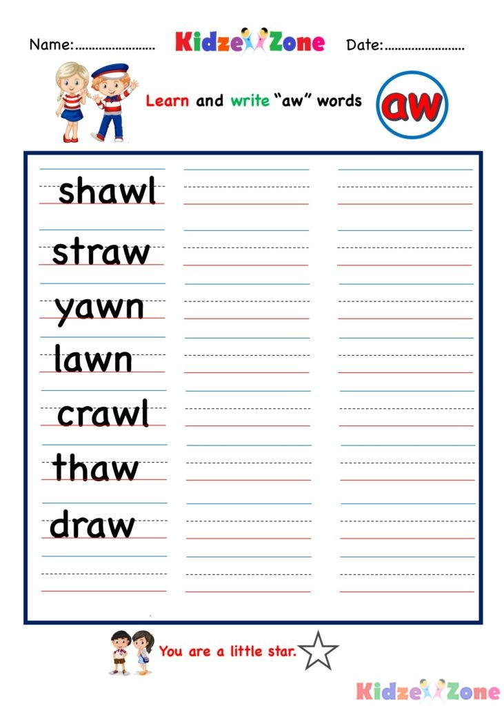 Aw Word Family Word Writing Worksheet KidzeZone