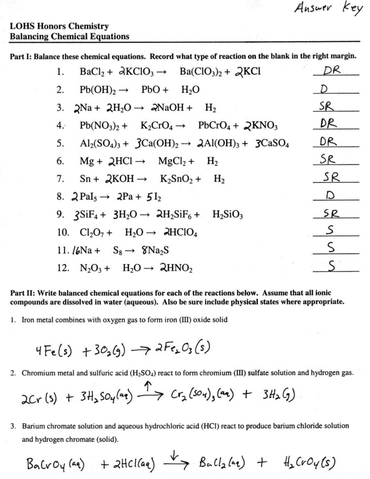 Writing Chemical Equations Worksheet Answers