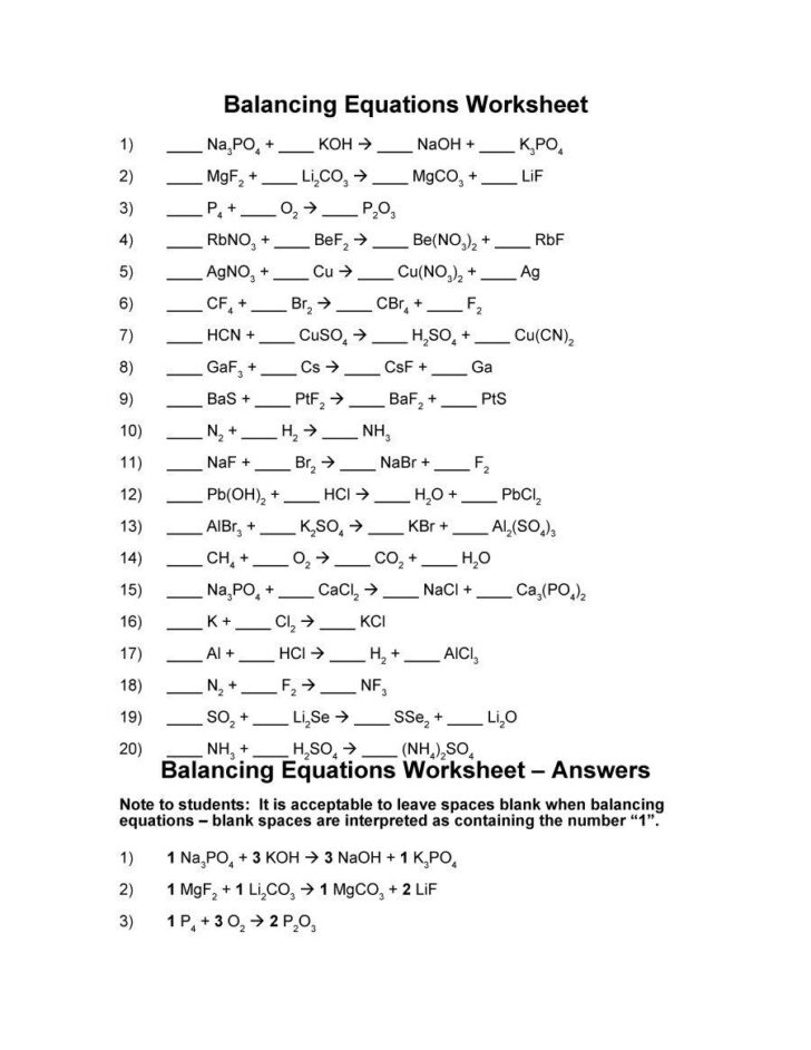 Writing And Balancing Equations Worksheet Answers