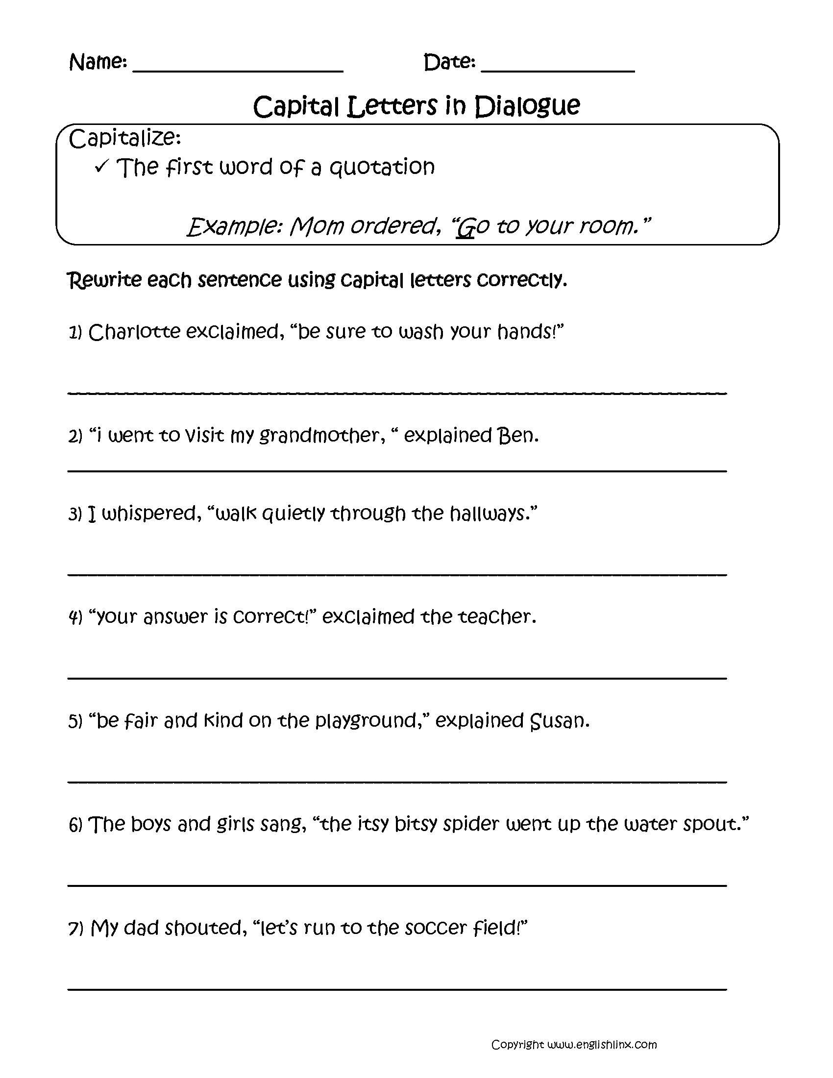 Capitalization Worksheets Capitalization Dialogue Worksheets