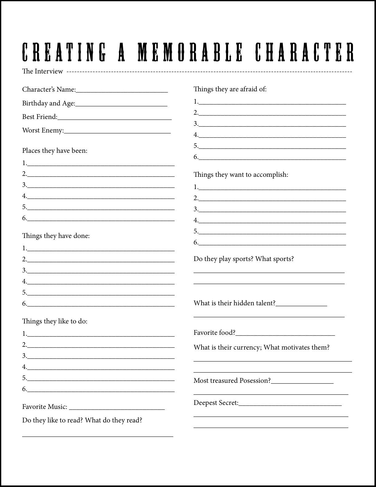 Character Interview A Worksheet For Beginners Writers Write 