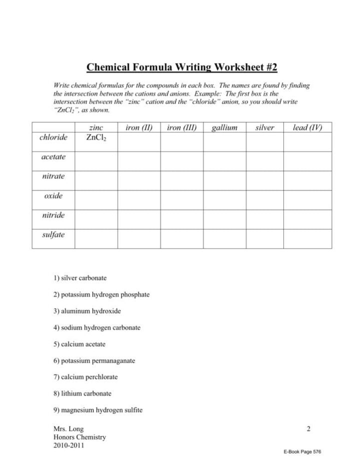 Formula Writing Chemistry Worksheet