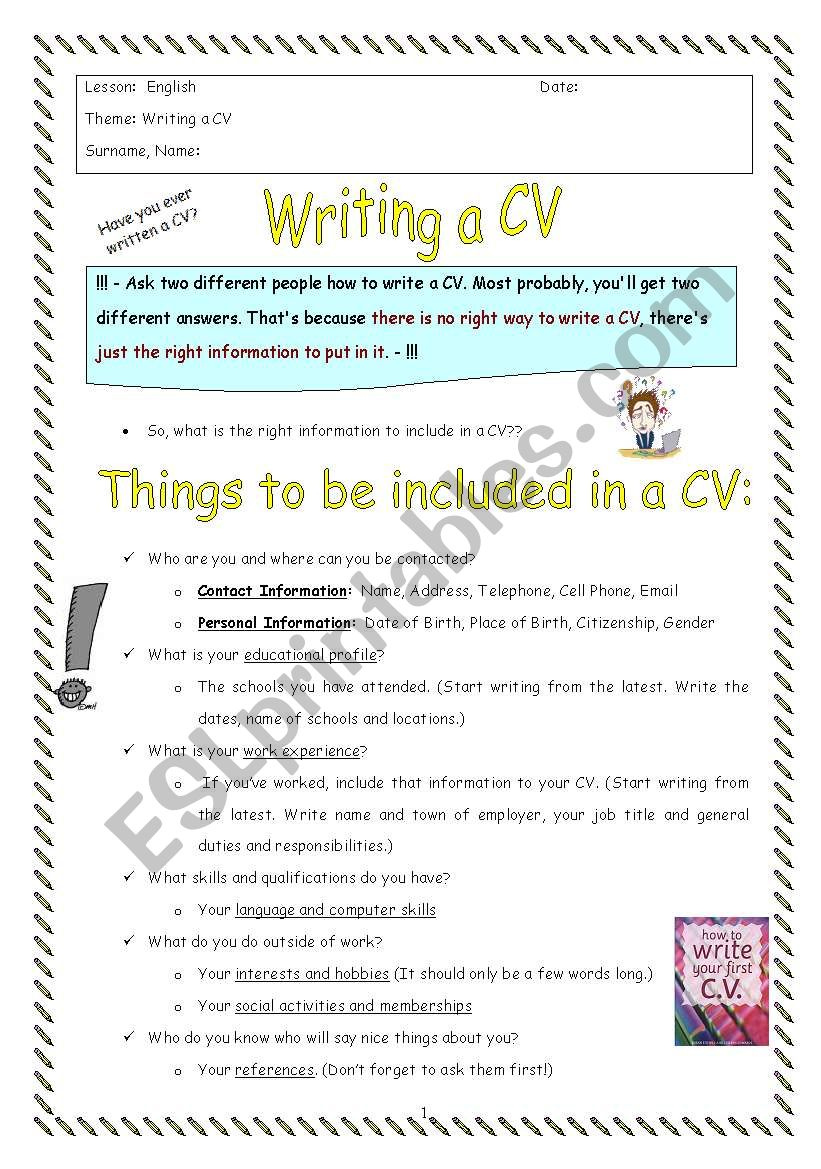 CV Writing ESL Worksheet By Oylesine