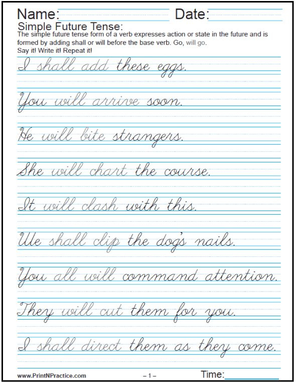 Easy Sentences In English Past Present And Future Cursive 