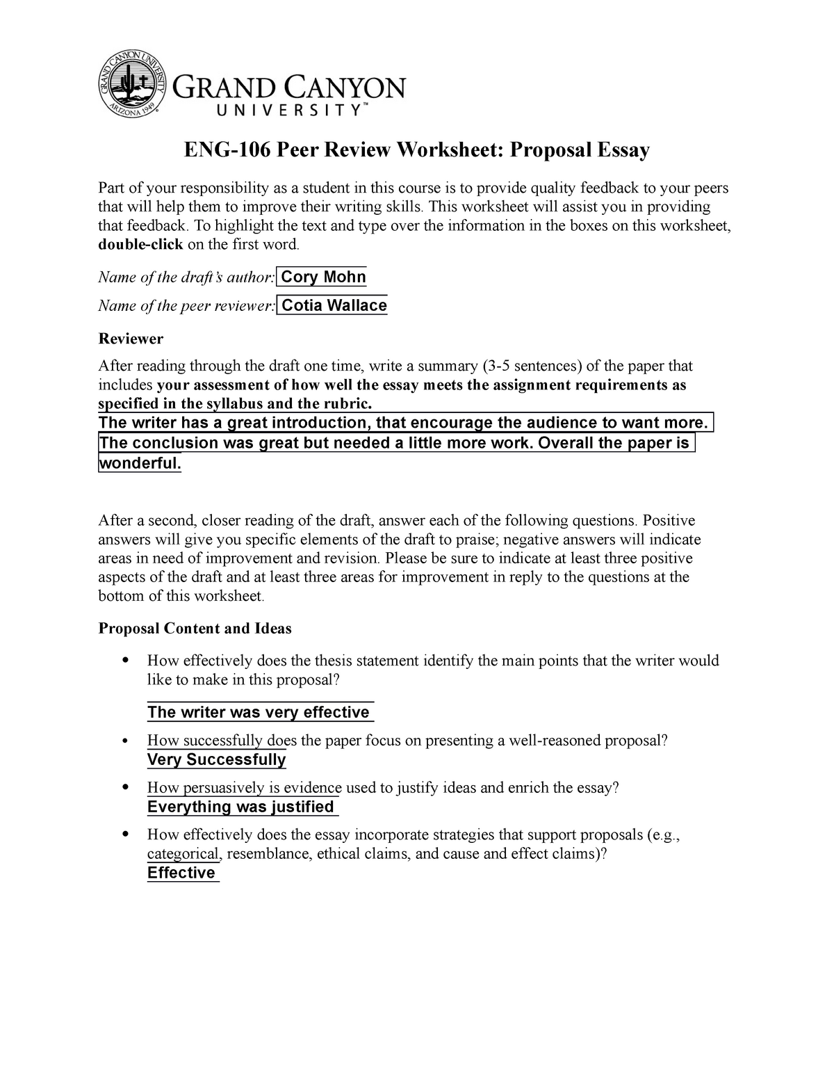 ENG106 Proposal Peer Review Worksheet StuDocu