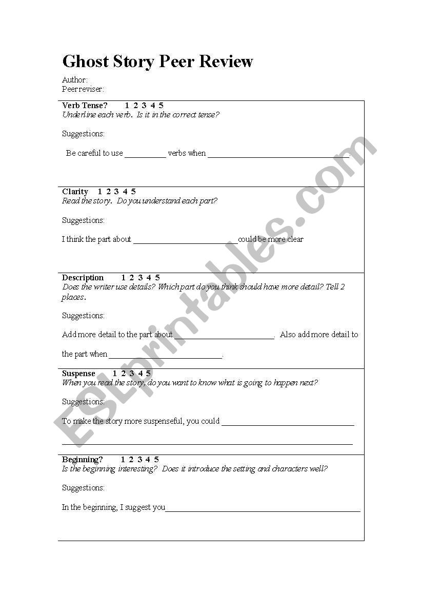 English Worksheets Ghost Story Peer Review Sheet