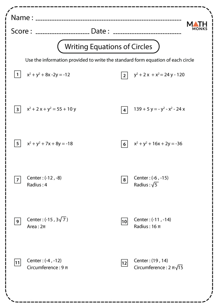 Equation Of A Circle Worksheets Math Monks