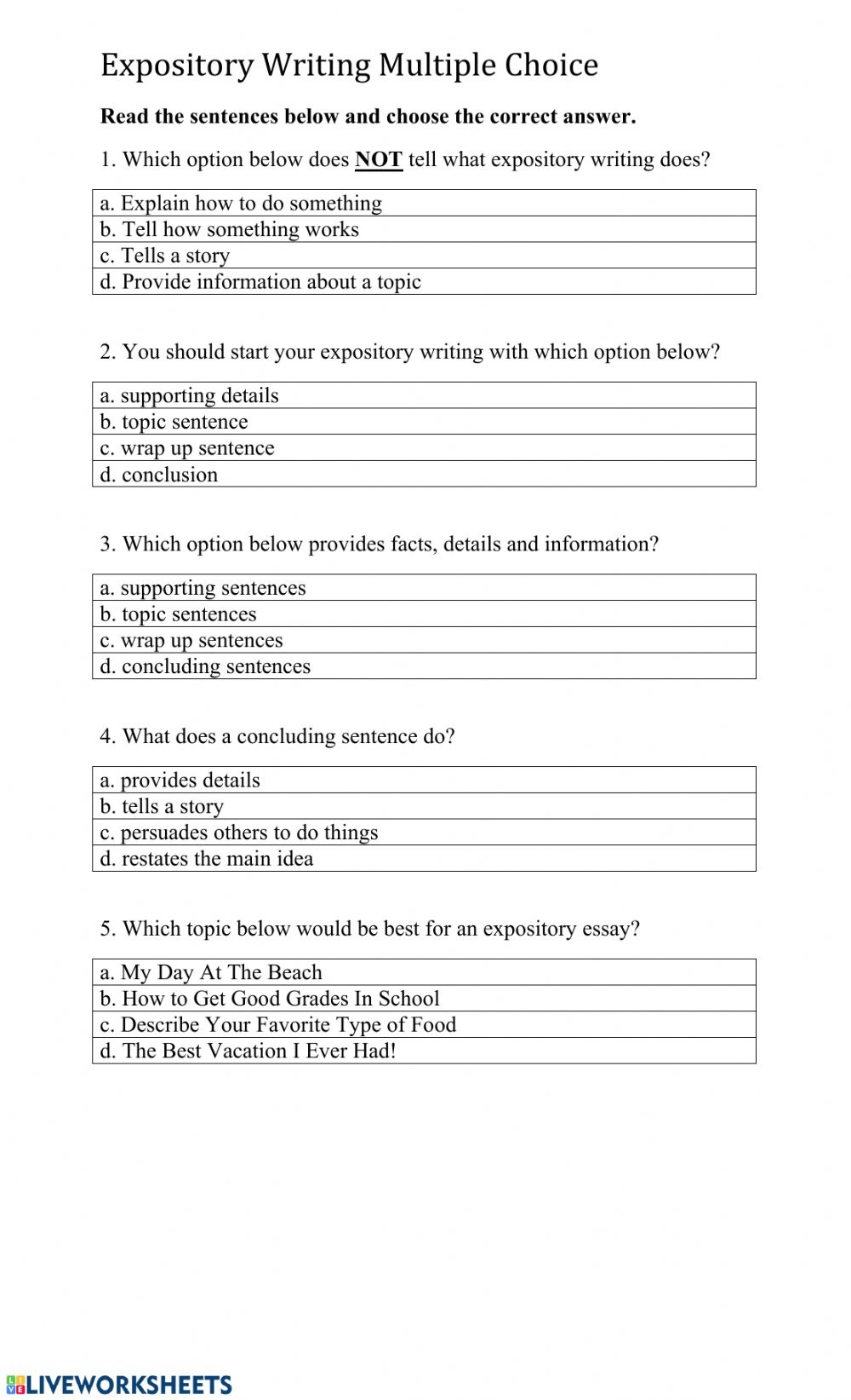 Expository Writing Multiple Choice Interactive Worksheet