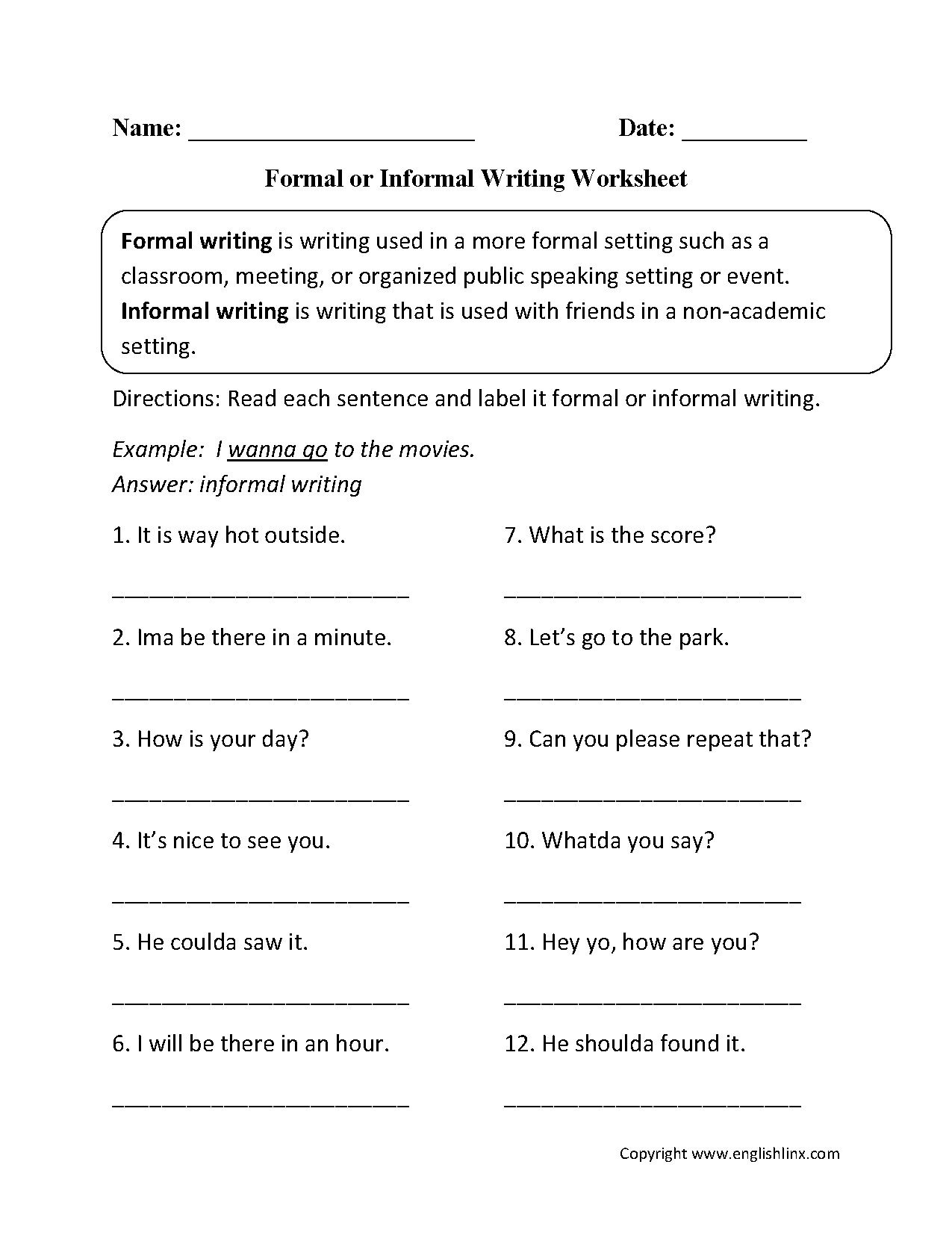 Formal Or Informal Writing Worksheet Writing Worksheets Creative 