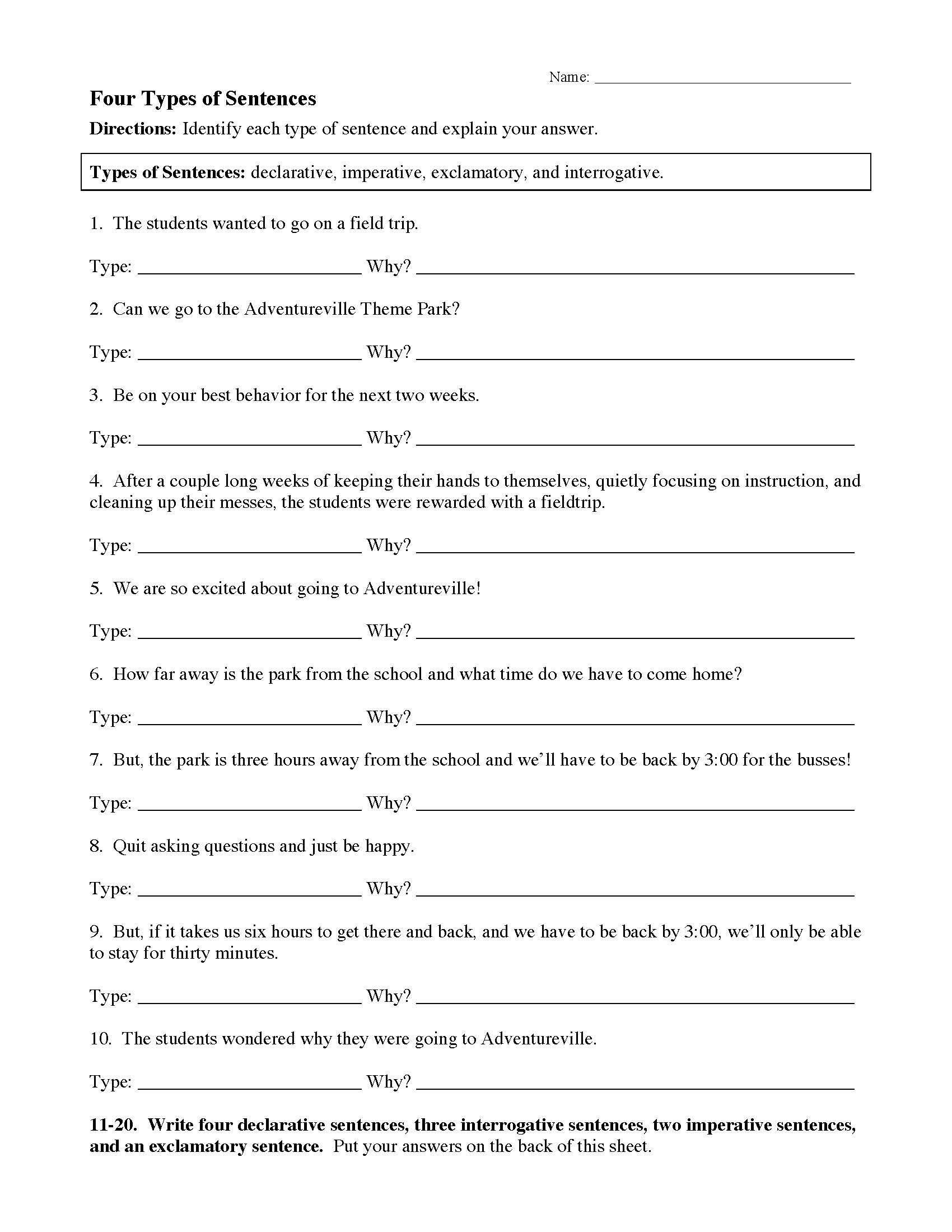 Four Types Of Sentences Worksheet Preview