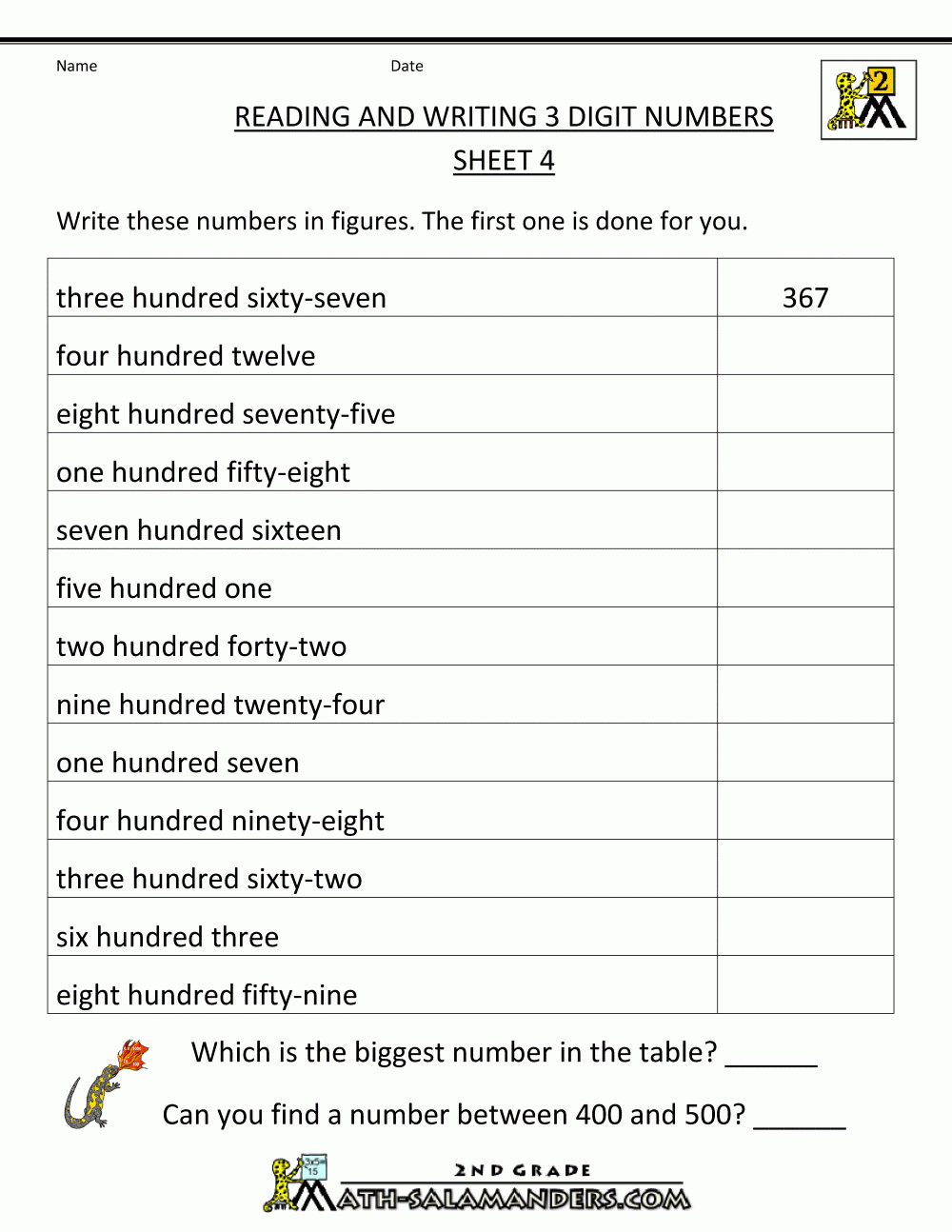 Free Place Value Worksheets Reading And Writing 3 Digit Numbers 