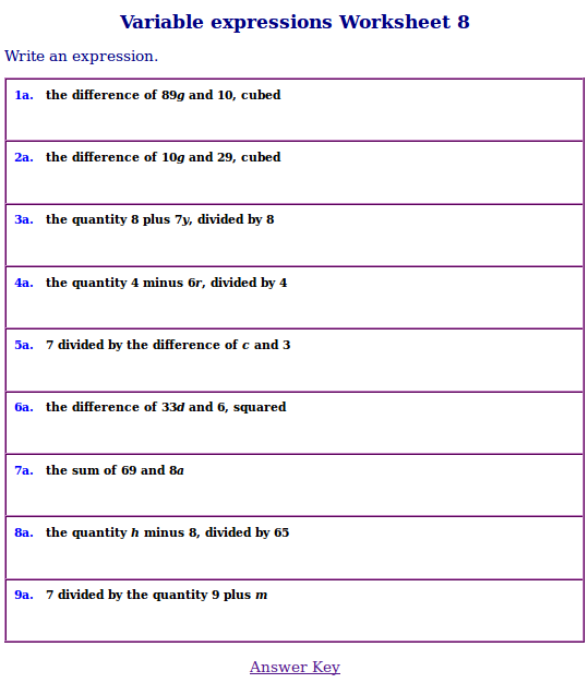 Free Worksheets For Variable Expressions