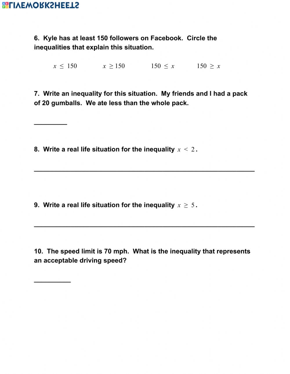Inequality Word Problems Interactive Worksheet