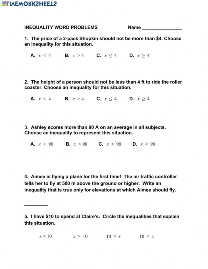 Writing Inequalities From Word Problems Worksheet