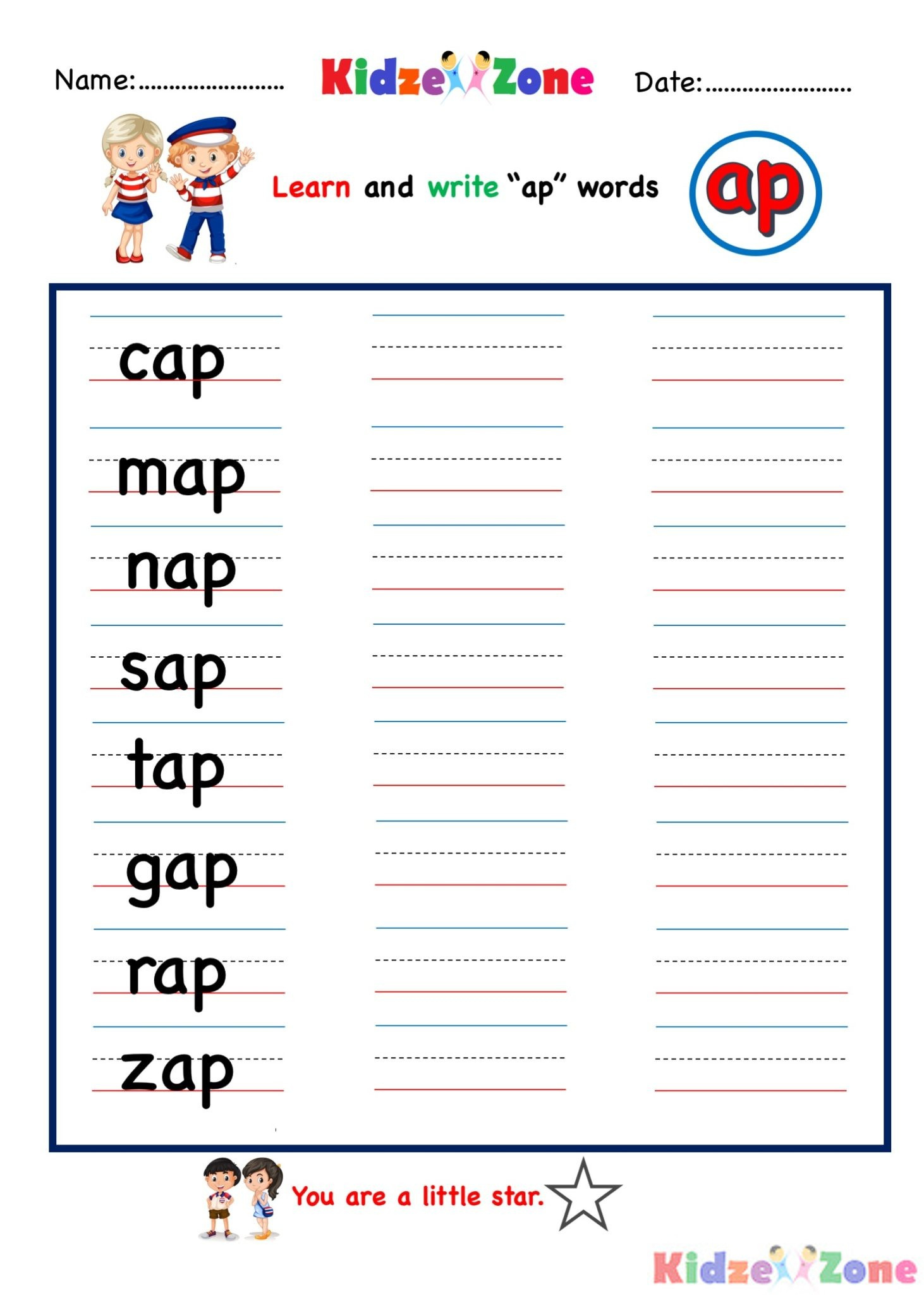 Kindergarten Worksheets Ap Word Family Write Words