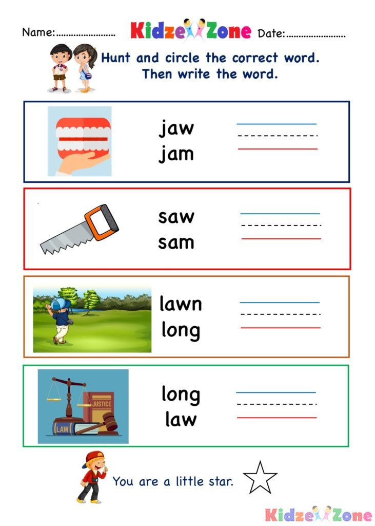 Kindergarten Worksheets Aw Word Family Write Words 7