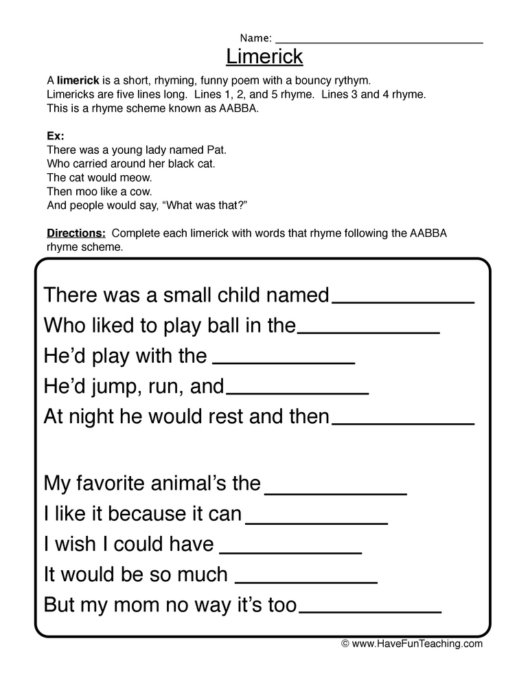 Limerick Worksheet 1