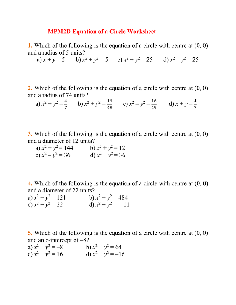 MPM2D Equation Of A Circle Worksheet