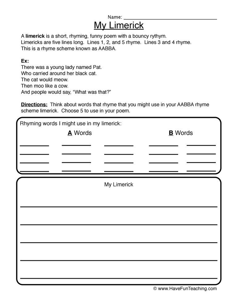 My Limerick Worksheet Limerick Poem Template Poetry For Kids