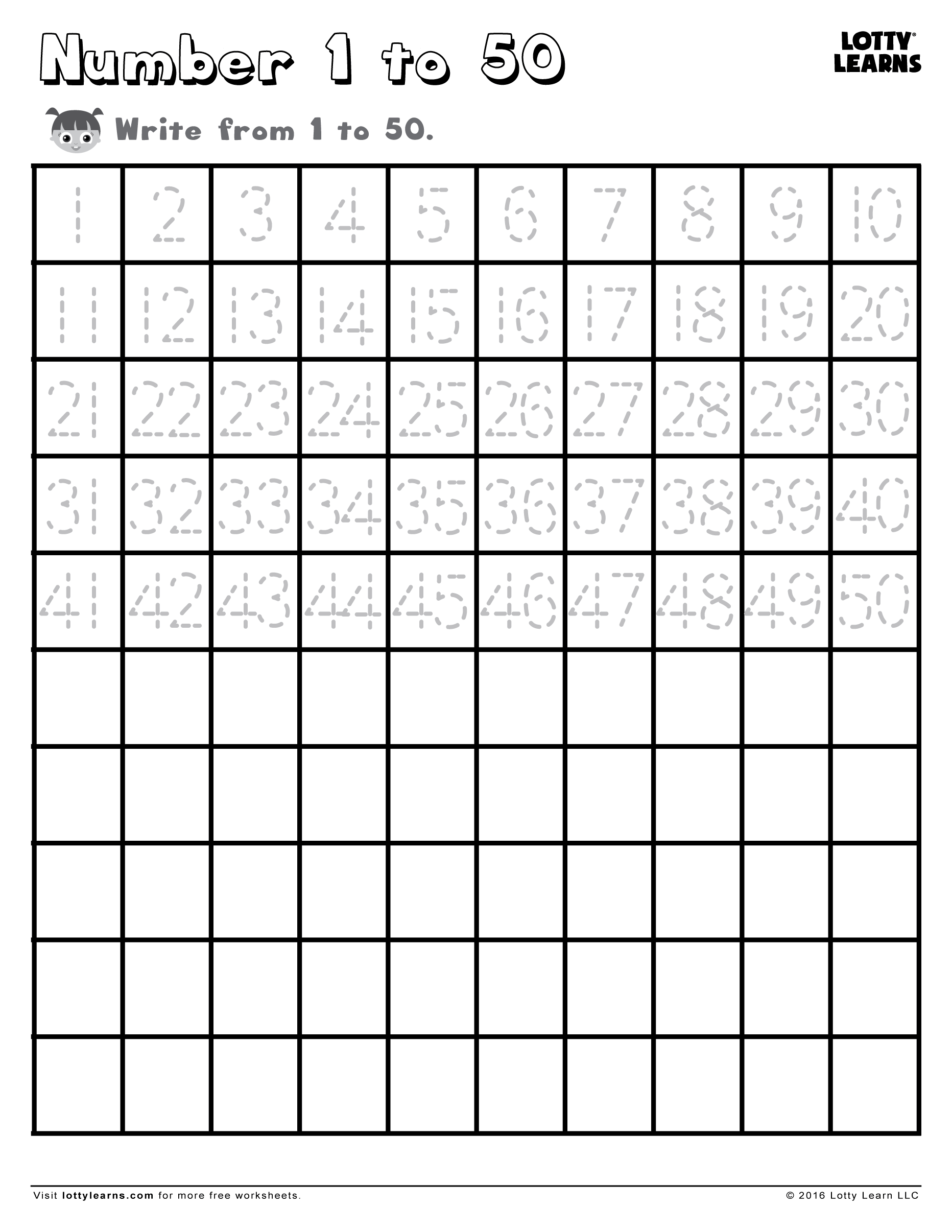 Number 1 To 50 Lotty Learns Writing Practice Kindergarten 