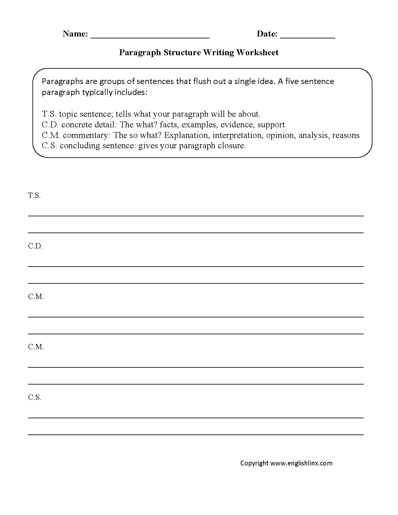Paragraph Structure Writing Worksheets Paragraph Writing Worksheets 