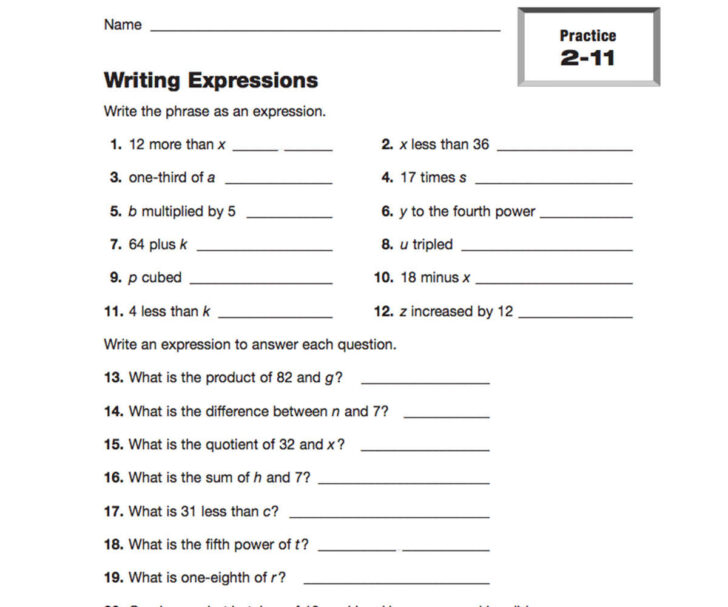 Writing Algebraic Expressions Worksheets