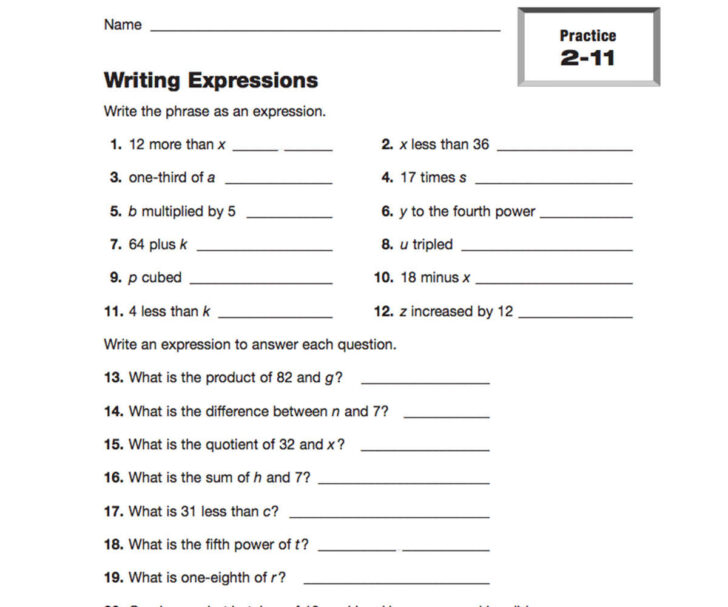 Writing Expressions Worksheets