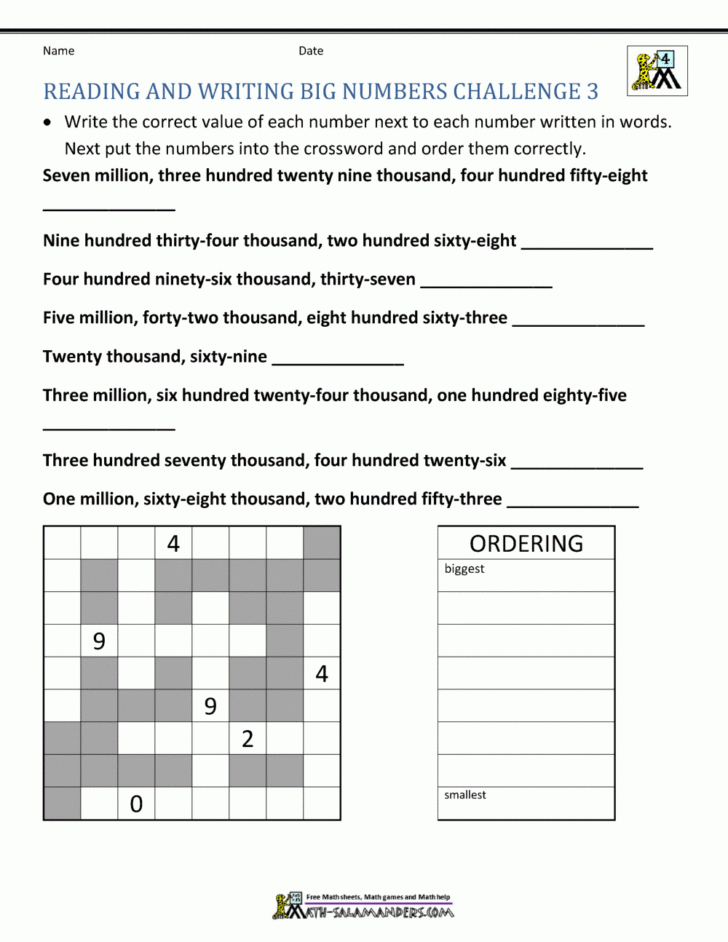 Reading And Writing Numbers Worksheet Grade 4