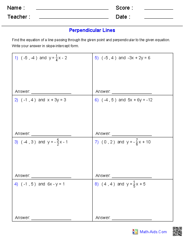 Writing Equations Of Parallel And Perpendicular Lines Worksheet