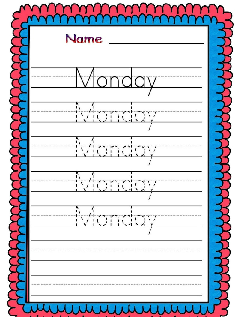 Practice Handwriting Learn Days Of The Week Tracing Worksheets Etsy