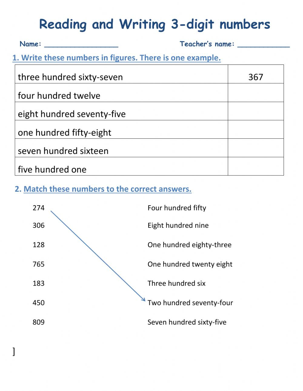 Reading And Writing 3 digit Numbers Worksheet