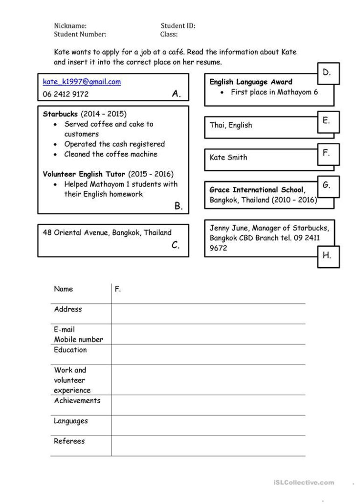 Esl Resume Writing Worksheets