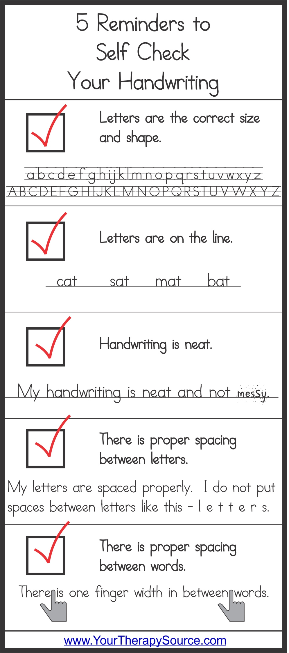 Self Check Handwriting Bookmarks Your Therapy Source