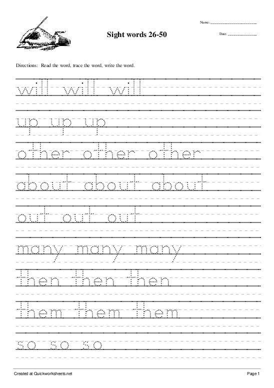 Sight Words 26 50 Handwriting Worksheet Quickworksheets