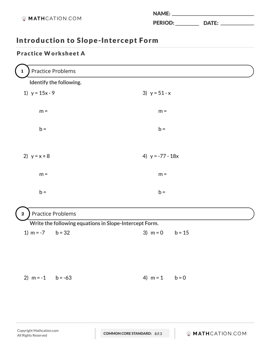 Slope Intercept Form Worksheet Mathcation