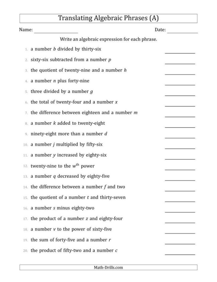 Writing Algebraic Expressions From Word Problems Worksheet With Answers