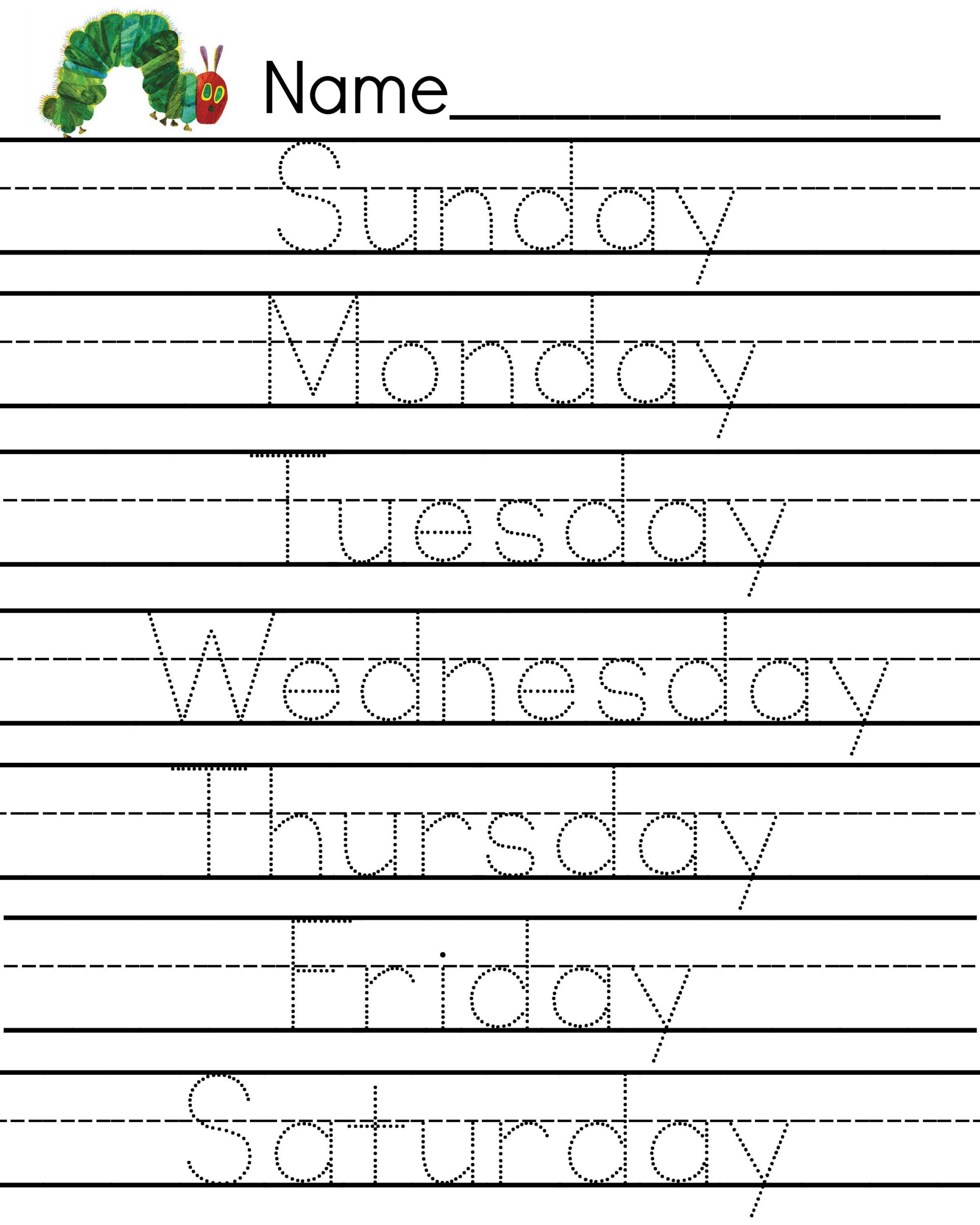 The Very Hungry Caterpillar Days Of The Week Writing Sheet Preschool 