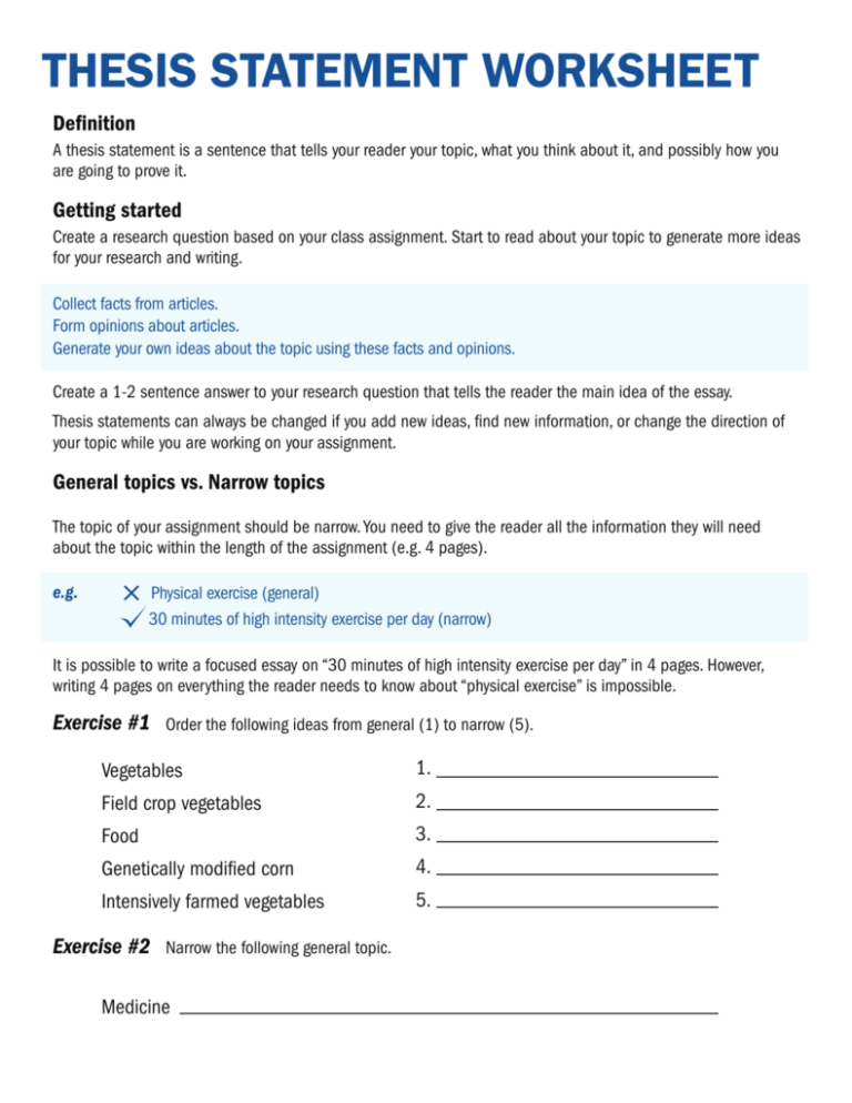 Writing Thesis Statement Worksheet | Writing Worksheets
