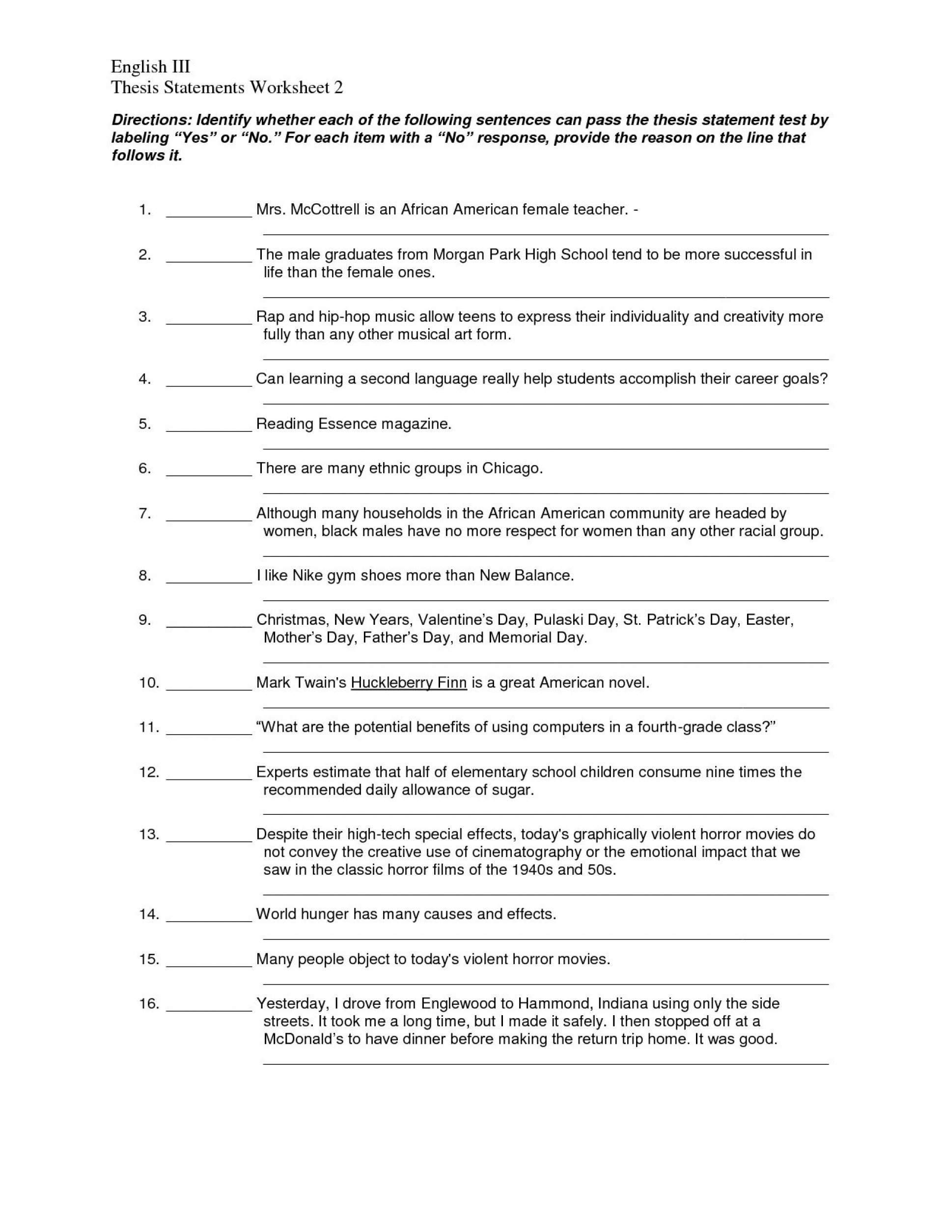 Thesis Statement Worksheet Answer Key Thesis Title Ideas For College