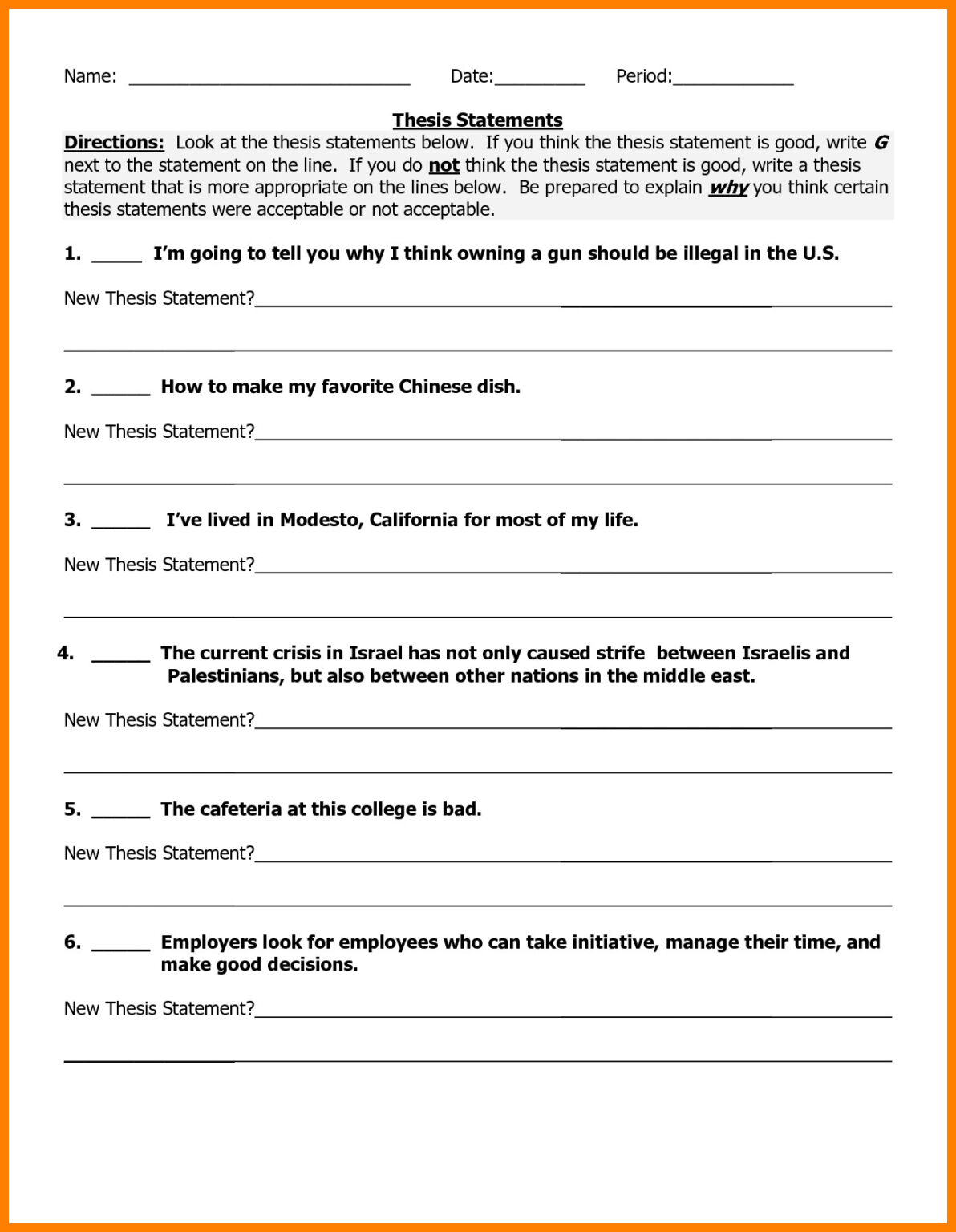 Writing A Thesis Statement Worksheet | Writing Worksheets