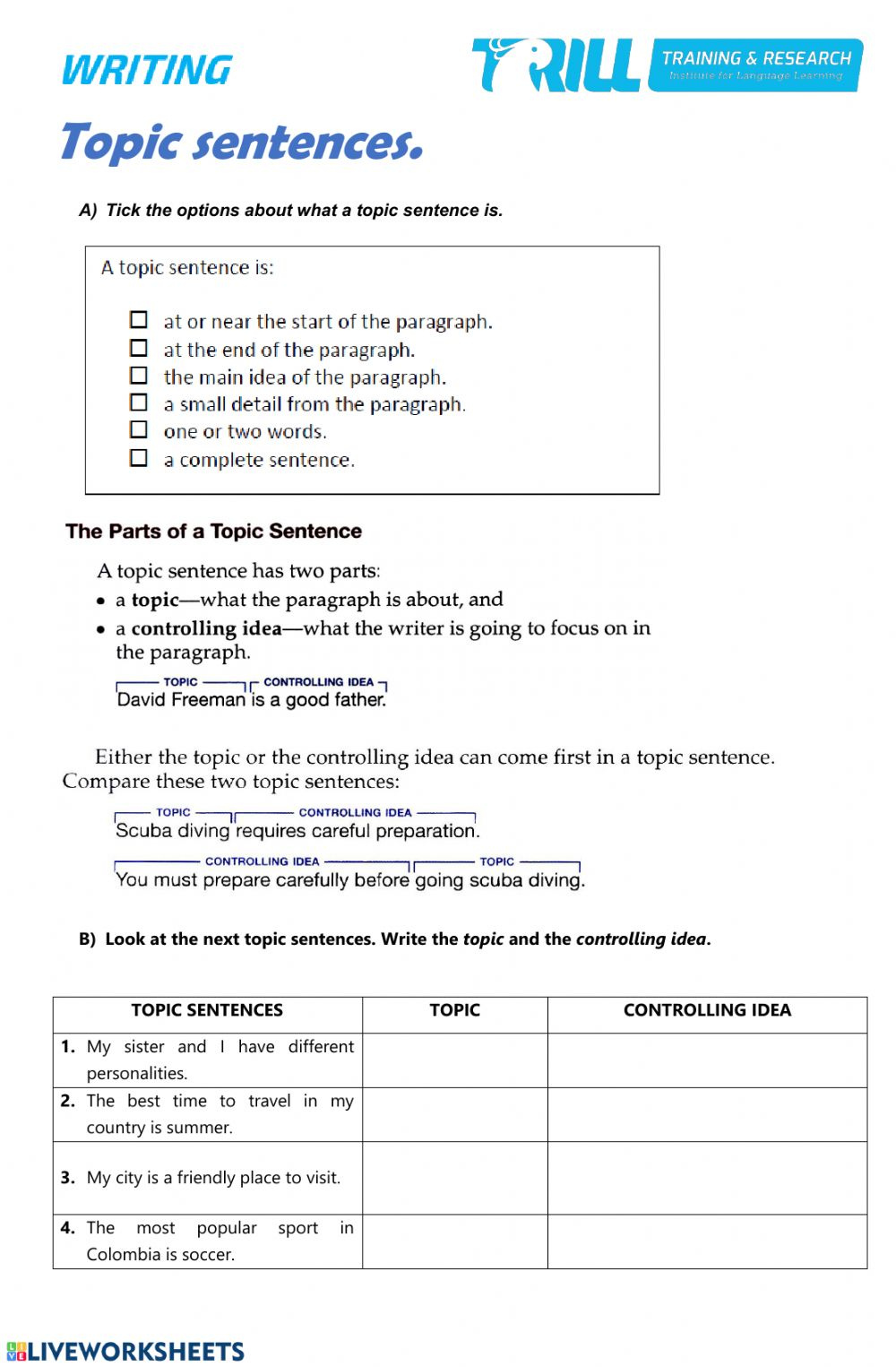 Topic Sentences Worksheet